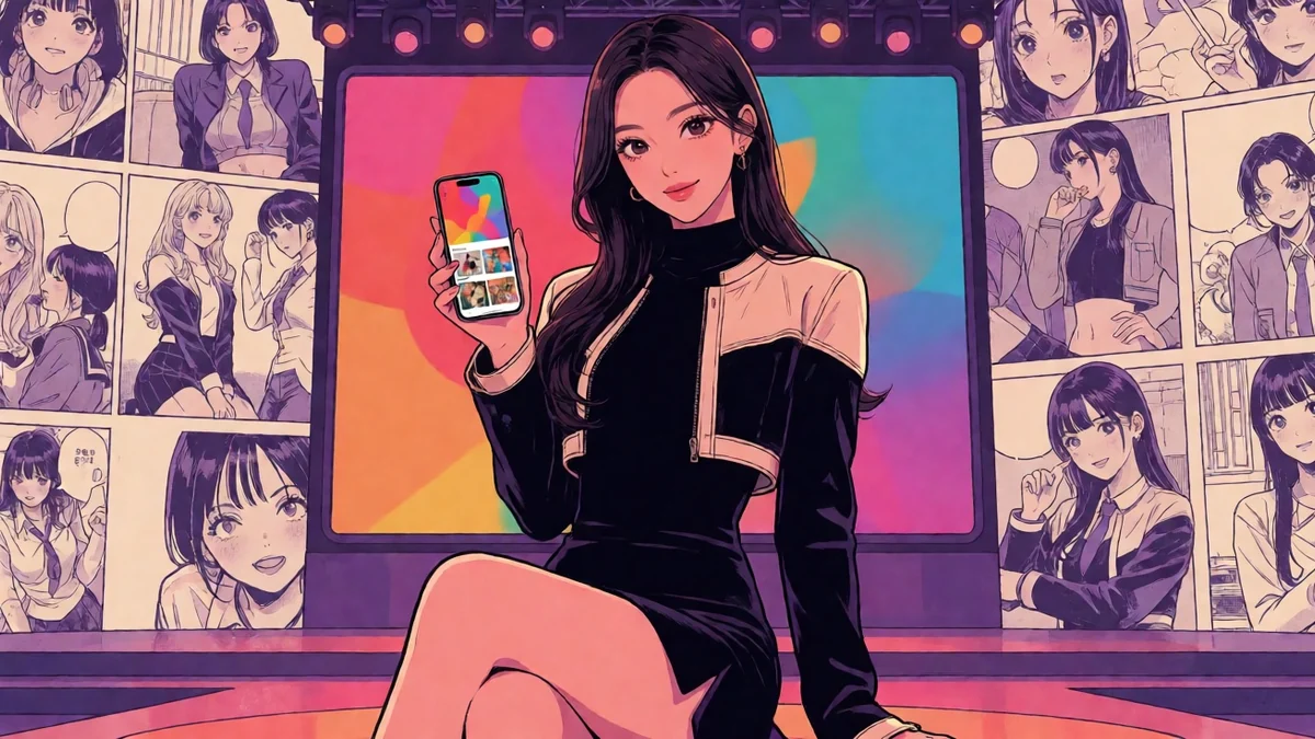 黄色软件首页主题图:成年日式动漫女性手持手机,背景有漫画分镜和舞台屏幕